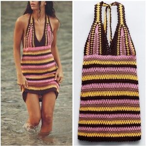 💗ZARA Striped Zigzag Crochet Halter Dress💗SZ S💗NWT